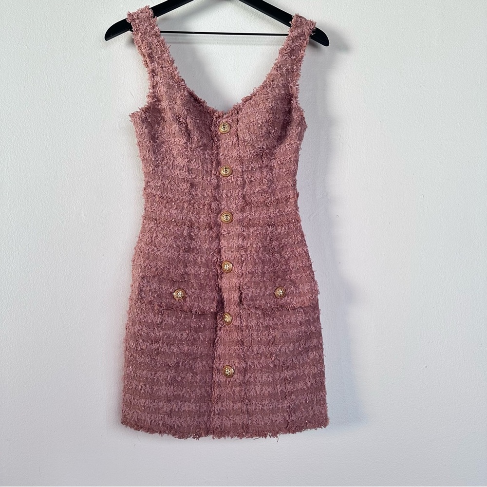 BALMAIN Strapped Short Dress Nude Tweed Buttons - Picture 2 of 12